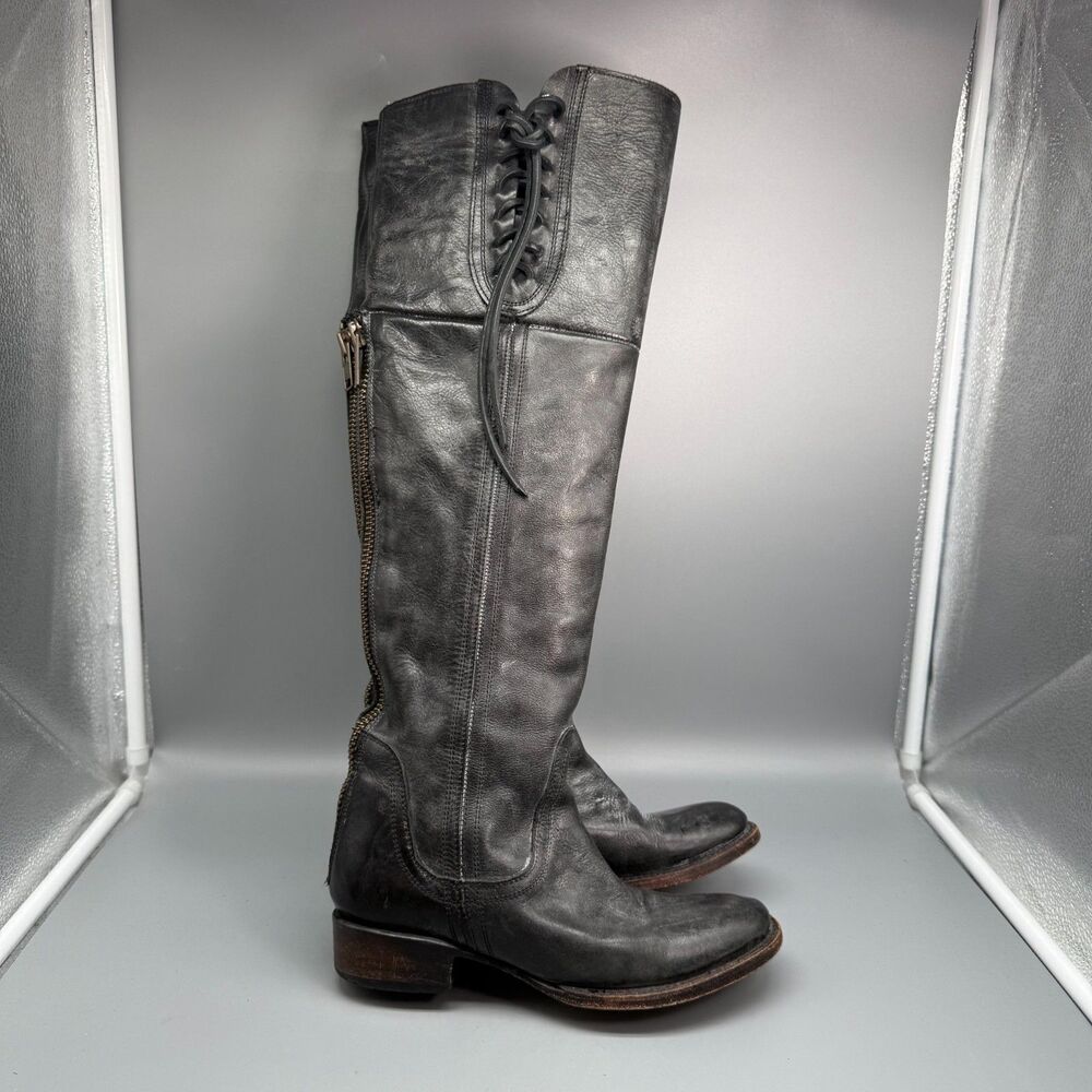 Freebird West Womens 7 Black Leather Tall Riding Boots Block Heel Back Zip Round